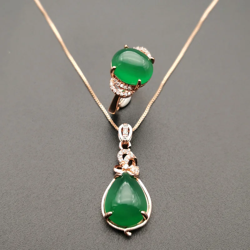 

JADERY VINTAGE LUXURY 925 STERLING SILVER RING/NECKLACE NATURAL GREEN JADE EMERALD GEMSTONE JEWELRY SETS FOR WOMEN PARTY GIFTS