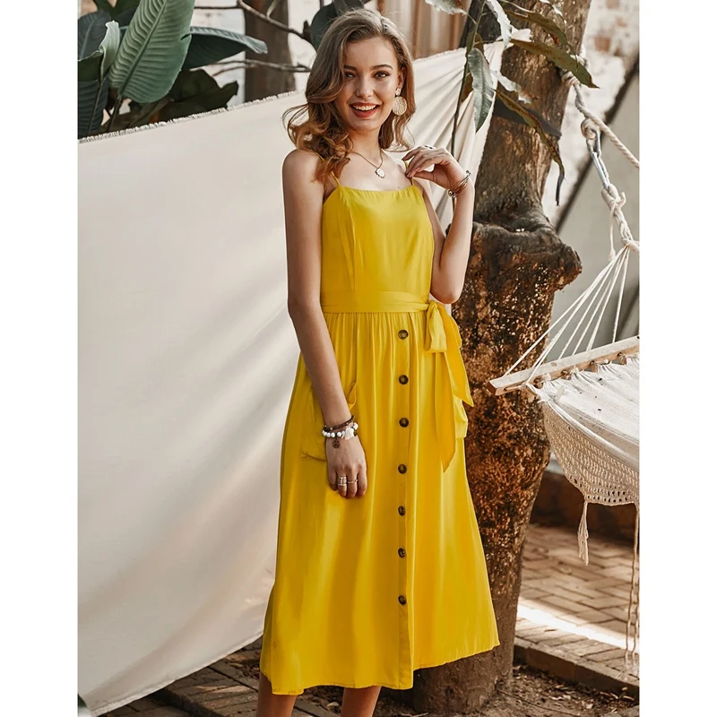 Женский сарафан миди без рукавов с открытой спиной и пуговицами|Женские платья| |