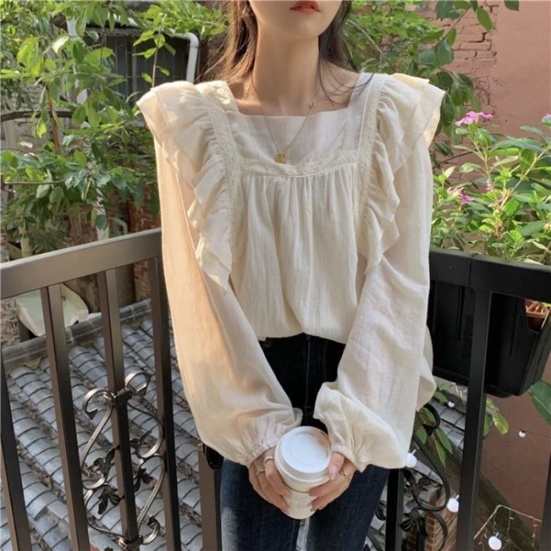 

Blouses Women Square Collar Newest Korean Preppy Style Schoolgirls All-match Mujer Chic Femme Clothing Elegant Ulzzang Ins Tops