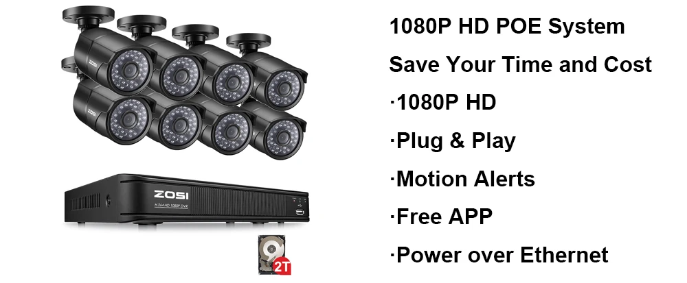 ZOSI H.265 8CH 1080P POE сетевая 8 шт наружная/Внутренняя цилиндрическая ip-камера видеонаблюдения CCTV система с 2 ТБ HDD NVR комплекты