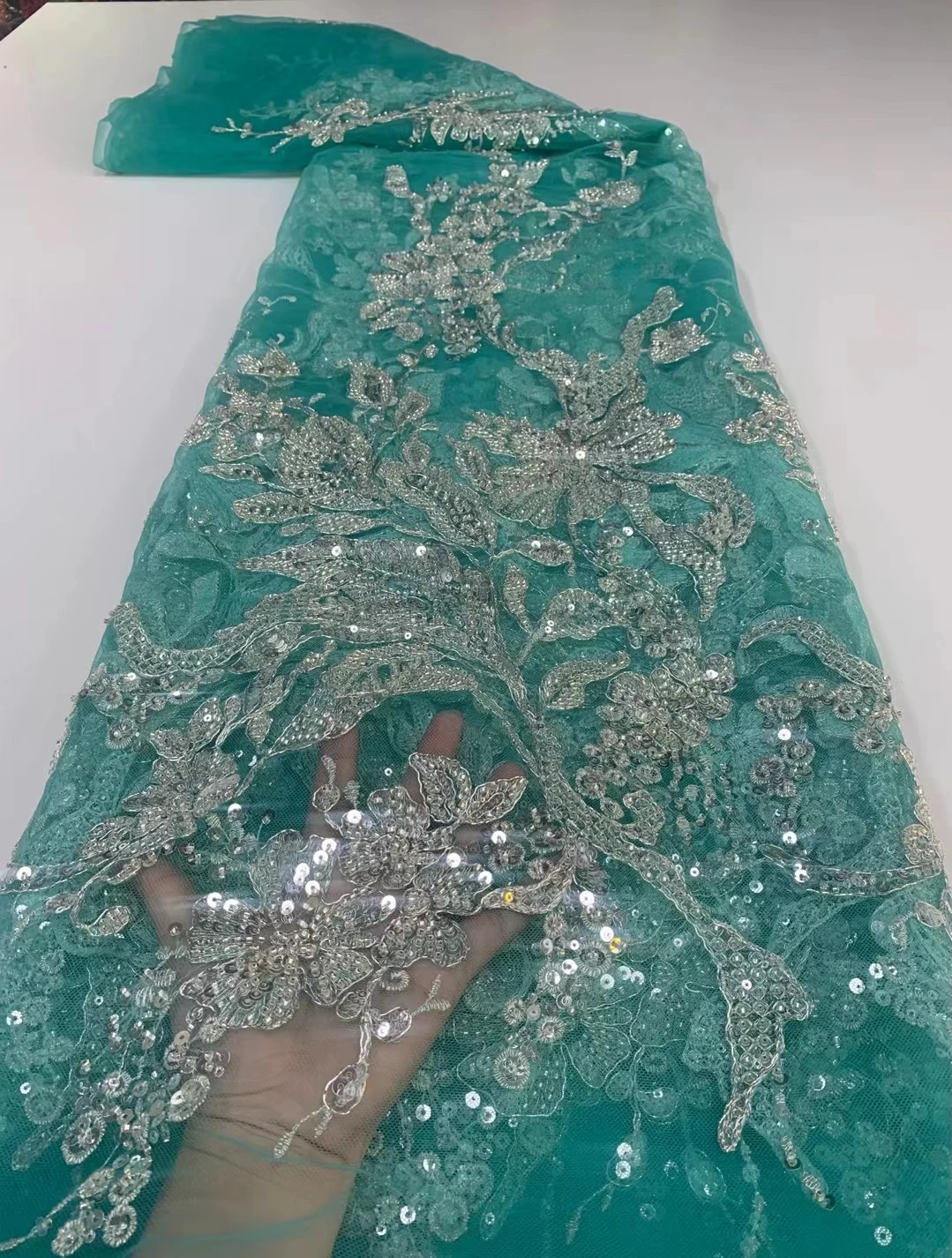 

African Tulle Handmade Beaded Lace Fabric 2021 High Quality Sequins Lace Nigerian Lace Fabrics For Wedding Dress
