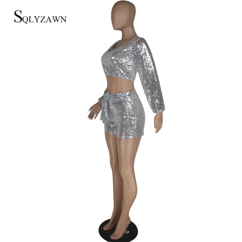 Женский комплект из двух предметов короткий топ с блестками и длинным рукавом |