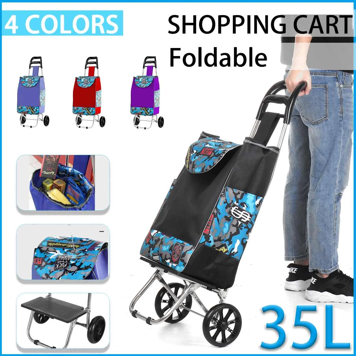 

Складная корзина для продуктов, Легкая загрузка, лестничная корзина для подъема, с тремя колесами, водонепроницаемая, легкая, компактная, дл...