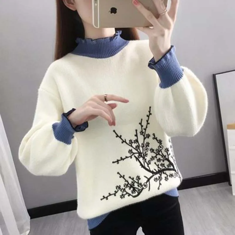 

Plum Blossom Embroidery SweaterWomen's Mock Neck Lantern Sleeve Casual Loose Wood Pullovers Matching Bottomed Knitting