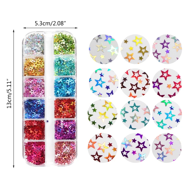 

12 Grids/Box Holographic Glitter Hollow Stars Shape Sequins Epoxy Resin Filling DIY Crafts Jewelry Making Flake Nail Art