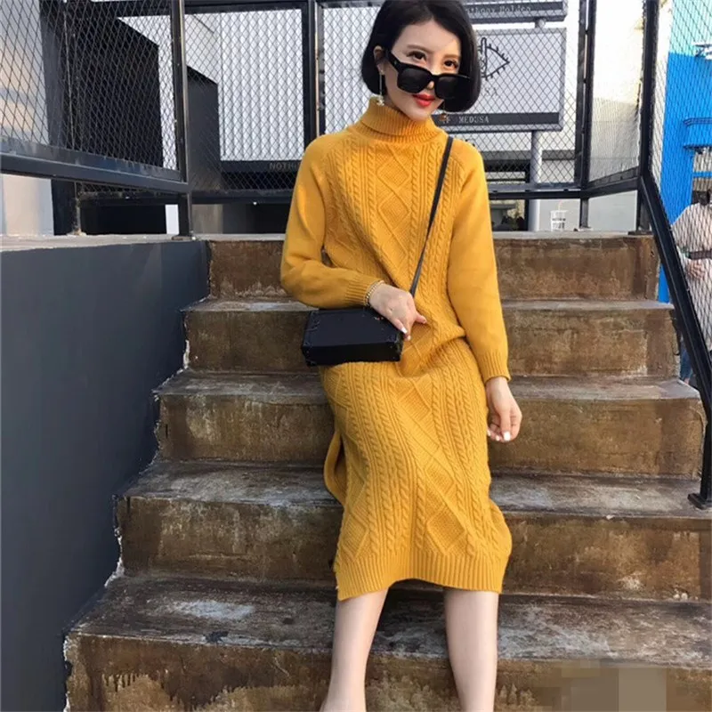 2019 зимнее платье свитер с высоким воротом женское трикотажное большого размера