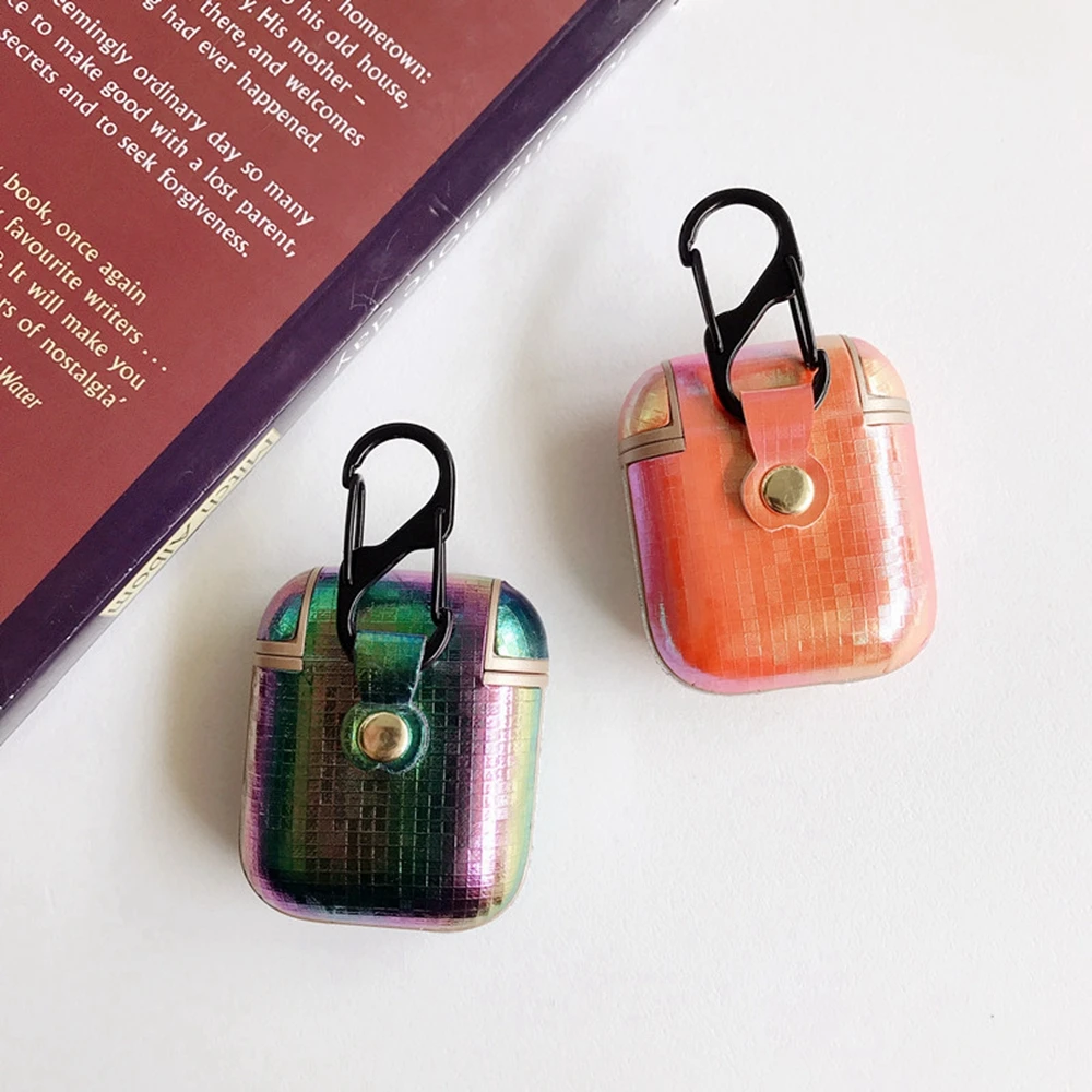 Роскошный чехол для Airpods кожаный с крюком блестящий кожи лазерный дизайн Air Pod 1 2