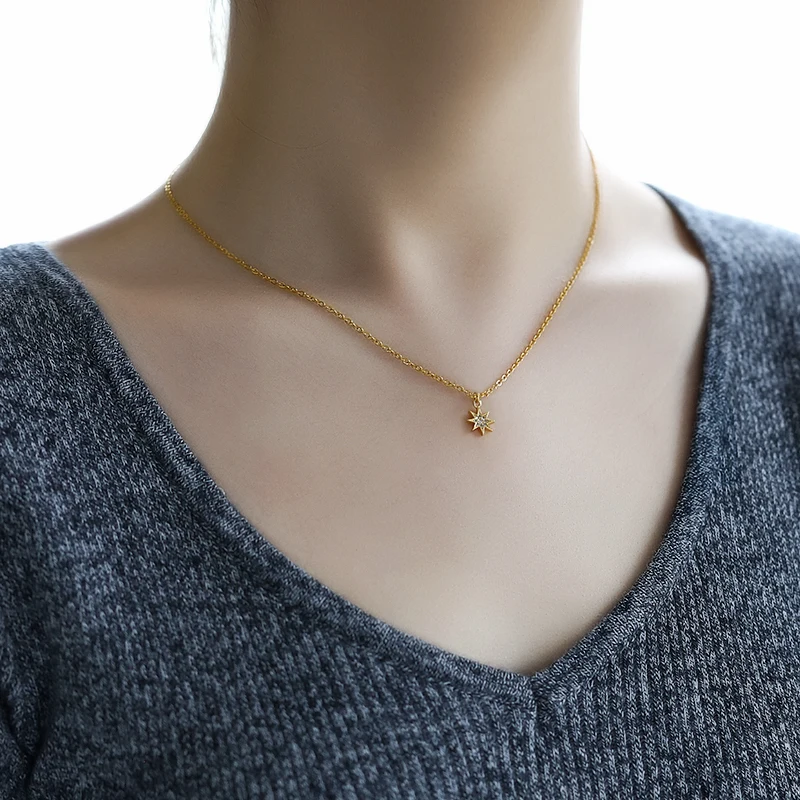 

Women's Zircon Star Necklace Sun Flower Pendant Small Charm Retro Style Rose Gold Stainless Steel Chain Jewelry Gift