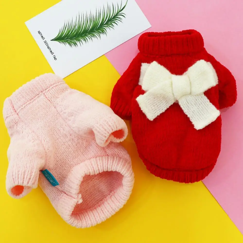 

Зимний мягкий теплый вязаный свитер для кошек и собак, зимняя одежда, теплая одежда для собак и щенков, плотный вязаный свитер с бантом, толс...