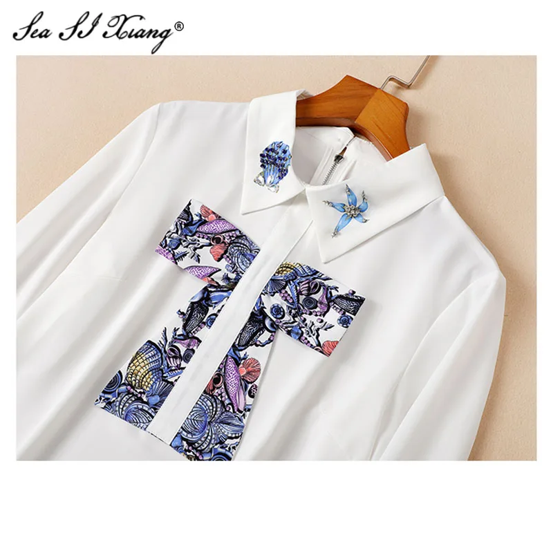 Seasixiang-Conjunto de dos piezas formado por Top y camisa, manga larga y cuello vuelto, con estampado de diamantes, para primavera