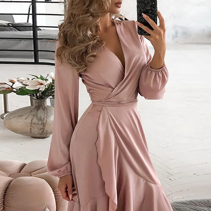 

2021 Autumn Sexy V-Neck Lantern Long Sleeve Lace Up Pink Ruffles Dress Boho Birthday Party Evening Ball Gowns Female Robe