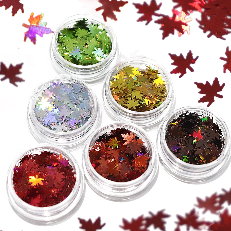 

6pc Fall Leaf Sequin Laser Maple Leaves Nail Art Glitter Flake Holographic Paillette For Nail Design Polish Manicure Accessories