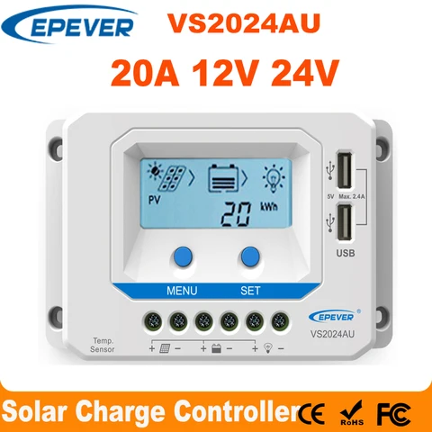 EPever VS2024AU 20A Солнечный Контроллер заряда 12 в 24 В подсветка LCD Dual USB 5 в Солнечная Панель Регулятор общий положительный для дома