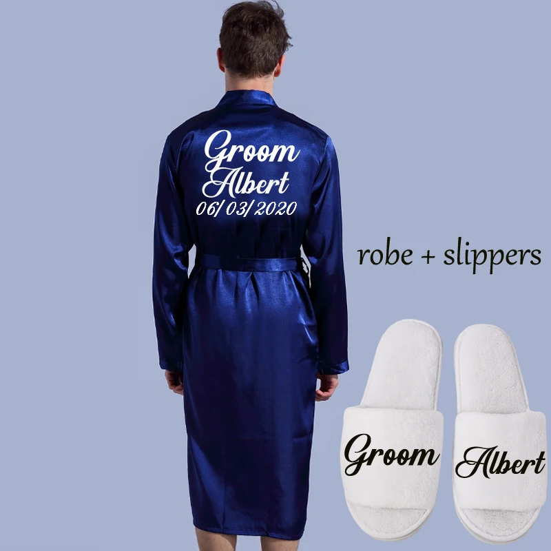 blue robe slippers 1844 брендовый длинный халат имитирующий шелк мягкий домашний банный халат размера плюс S-XXL ночная рубашка для мужчин кимоно халаты осень весна зима лето - Цвет: blue robe slippers