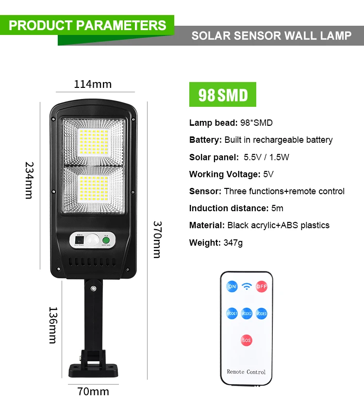 

Outdoor LED Solar Lamp djustable Bracket Remote Control Waterproof Human Motion Detection Multi-mode Solar Lamp Garage Garden