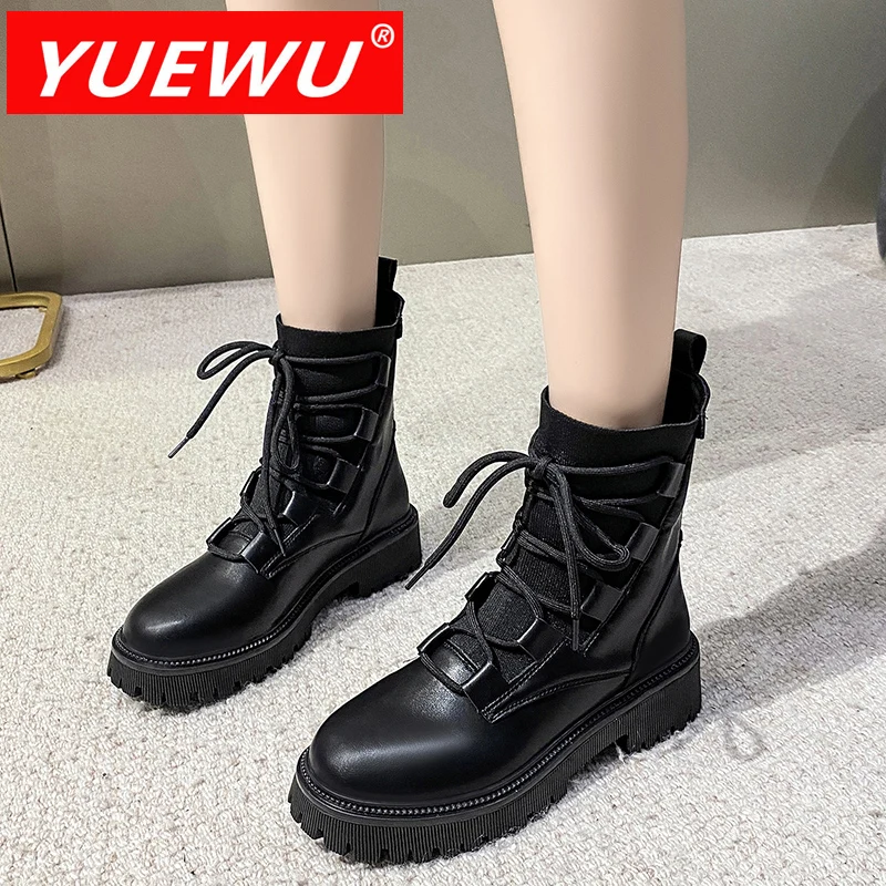 

YUEWU весенне-осенние модные трендовые ботинки мартинсы на толстой подошве черные универсальные тонкие удобные