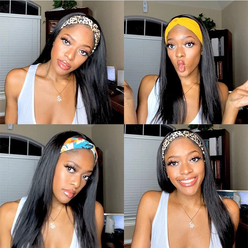 

Wome Brazilian Straight Headband Wig Human Hair Glueless Full Machine Made Wigs Hair Scarf Wig For Black Women Remy Hair