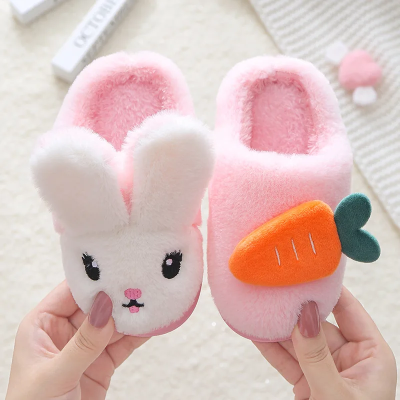 

Kids Indoor Shoes Girls Boys Slippers Warm Rabbits House Cute and Cozy Plush Winter Cotton House Anti-Slip Shoes
