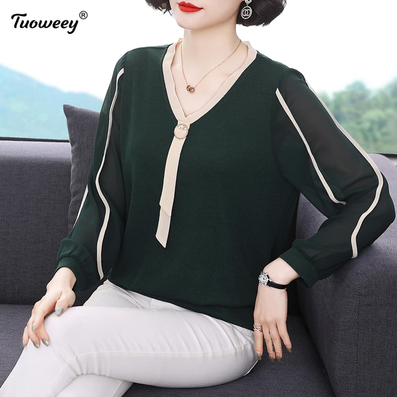 

2021 new women tops Blusas patchwork Shirts Women Elegant Open Shoulder Blouses Chiffon Print Women Plus 4XL Size Female Tops