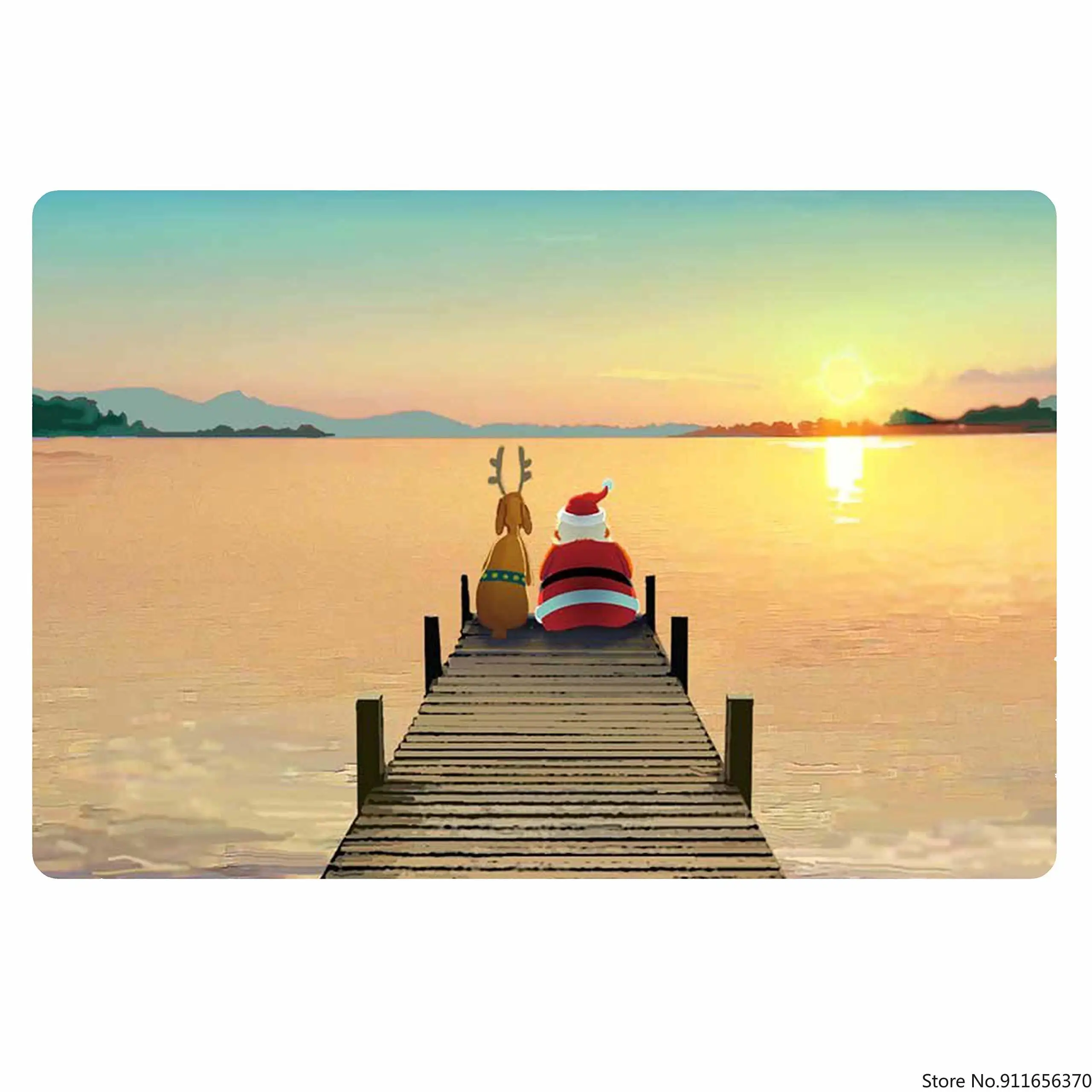 Санта Клаус с олень сидя на мост просмотра закат для модниц комнатные коврик