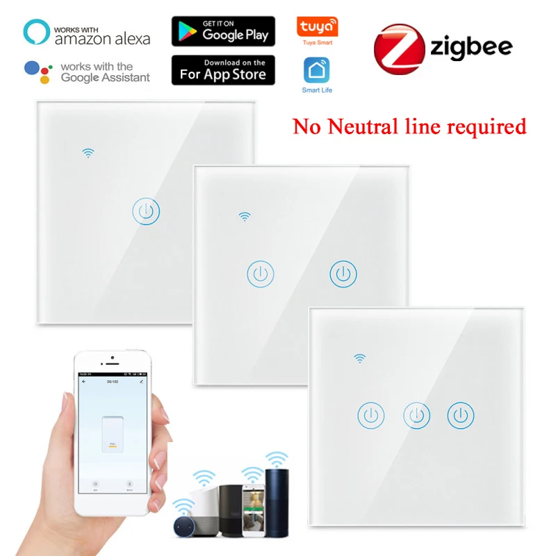 

Zigbee Smart Light Switch Tuya Smart Life App Control No Neutral Wire Required Home Wall Button Alexa Google Home 1/2/3 Gang EU