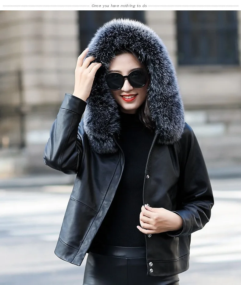 Модная куртка из натуральной кожи с капюшоном свободные пальто овчины Женская
