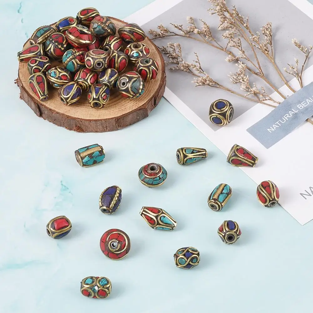 

50Pcs Retro Nepal Beads Handmade Red Coral Tibetan Loose Bead For Jewelry Making DIY Bracelets Necklaces Antique Golden Color