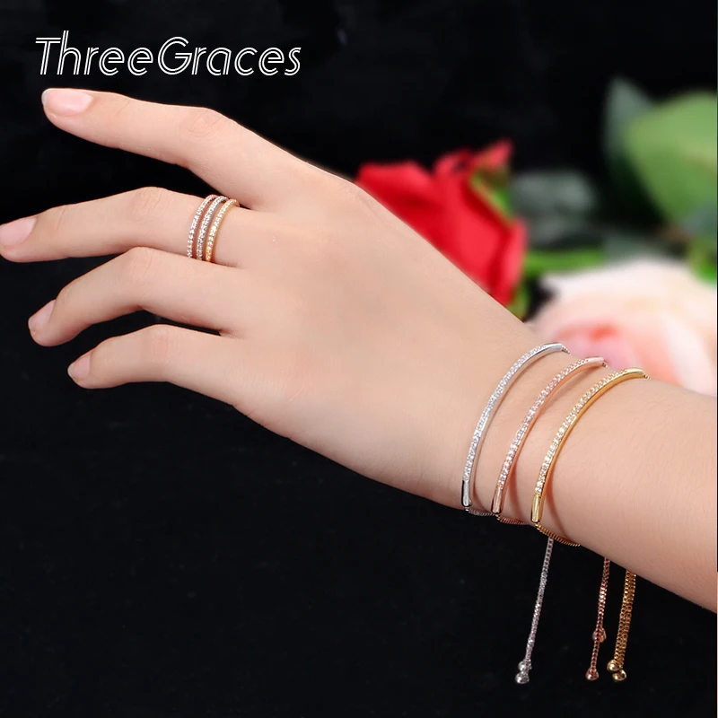 Threegraces модный дизайн кубическая циркониевая подвеска розовое золото цвет Регулируемая цепь браслет кольцо набор украшений для женщин JS050