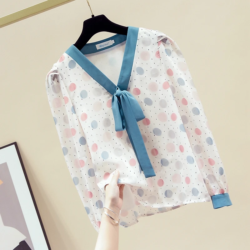 

Женская шифоновая блузка в горошек Missfansiqi, элегантная рубашка в Корейском стиле с длинными рукавами, V-образным вырезом и бантом, топ для вес...