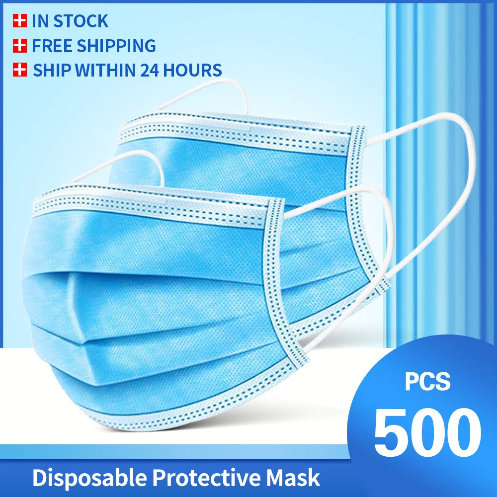 

100/200/500pcs Mouth Masks 3-layer Anti-Dust Disposable Mascarillas Non Woven Meltblown Cloth Masks Elastic Ear Loop Face Mask