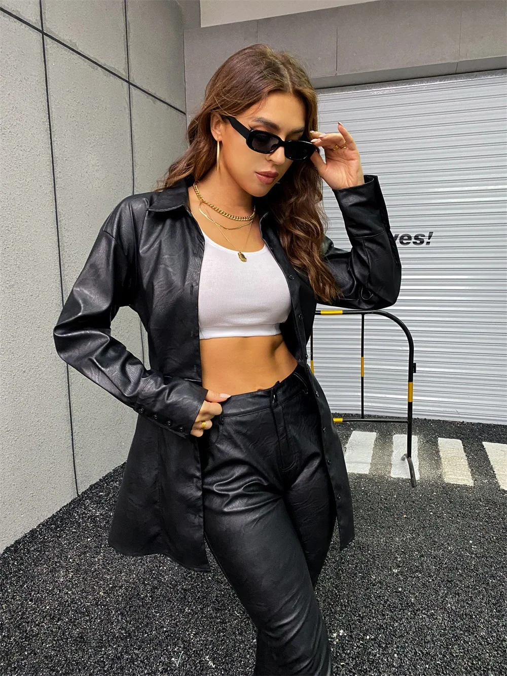 Women 2021 Fashion Fit Flare Faux Leather Bandage Loose Coat Vintage Long Sleeve Female PU Leather Casual Outerwear Chic Coat