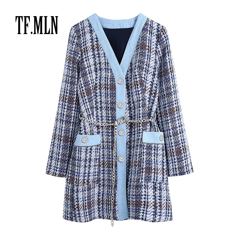 

Женский джинсовый пиджак Za, блейзер с металлическими пуговицами и карманами, клетчатая верхняя одежда 2021