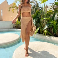 2021 new 2pcsset beachwear cover ups women tassel crop top high split bandage skirt bikini swimwear cover up