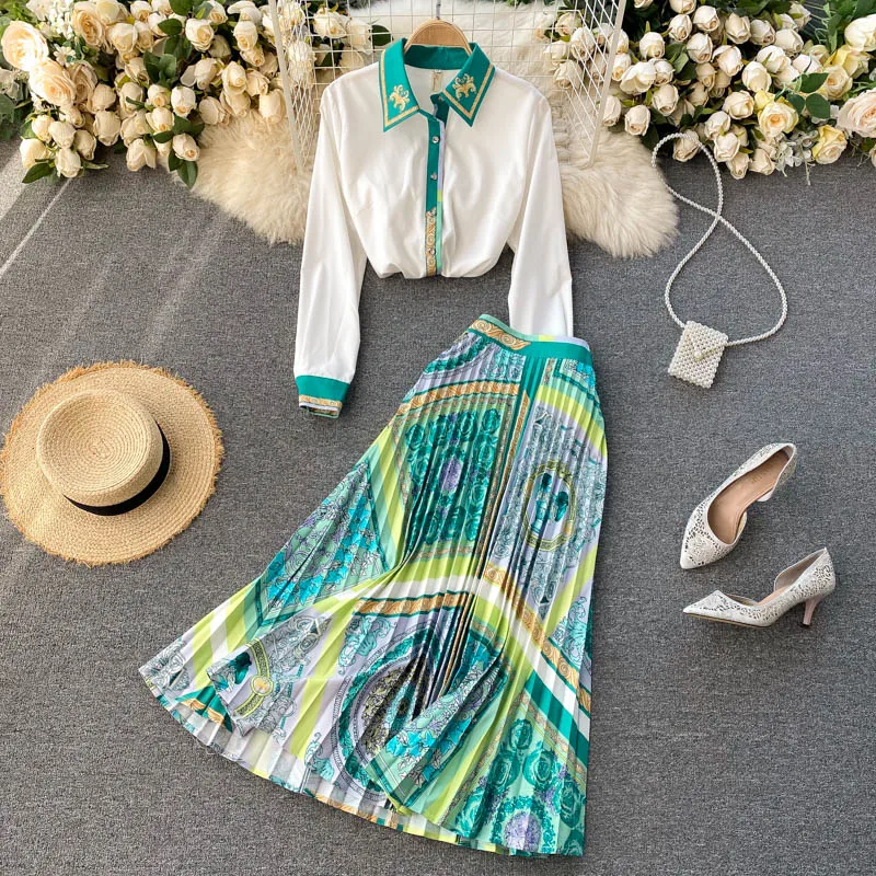 

Spring Women's Long Sleeved Blouse Vintae Printed A-line Long Pleated Skirt Two-piece Clothing Set