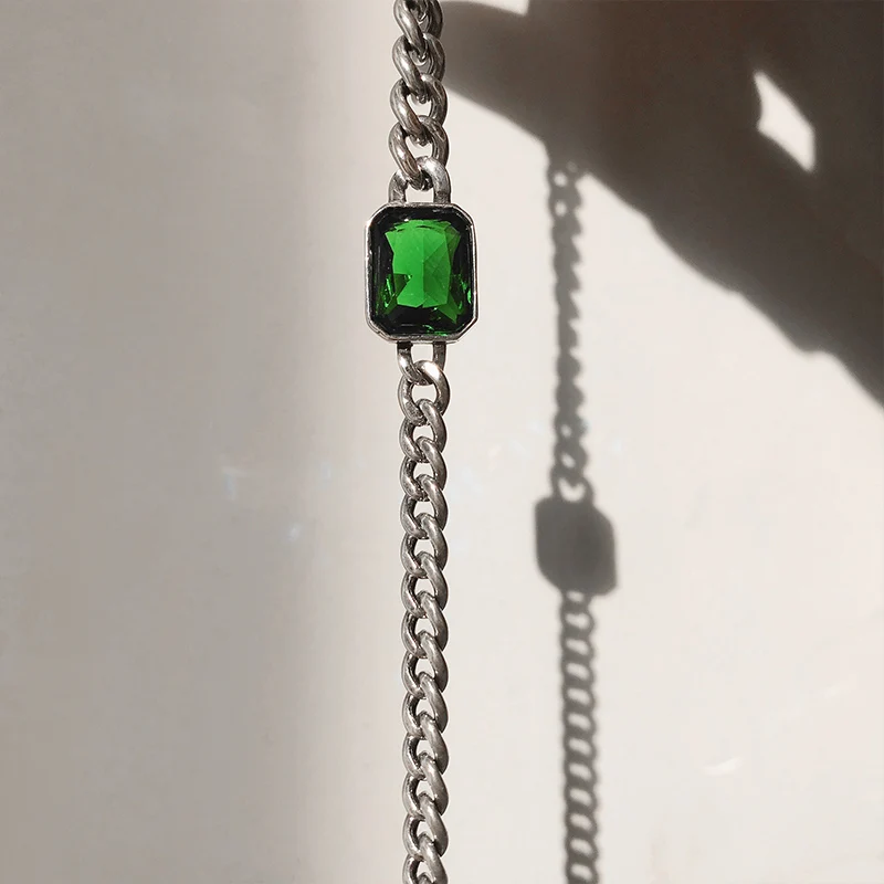 

IHUES 925 Sterling Silver Geometric Green Bracelet for Women Men Vintage ZIrcon Bracelet Jewelry