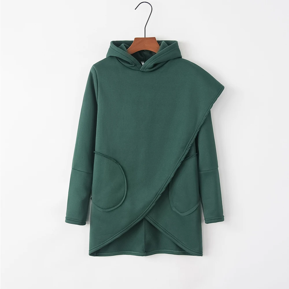 Женская Асимметричная толстовка с капюшоном из натурального хлопка карманами |