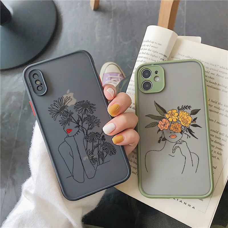 Line Art Sketch Flower Girl Protection Phone Case For iPhone 12 11 13 14 Pro MAX X XS XR SE 2 6s 7 8 Plus Hard Translucent Cover