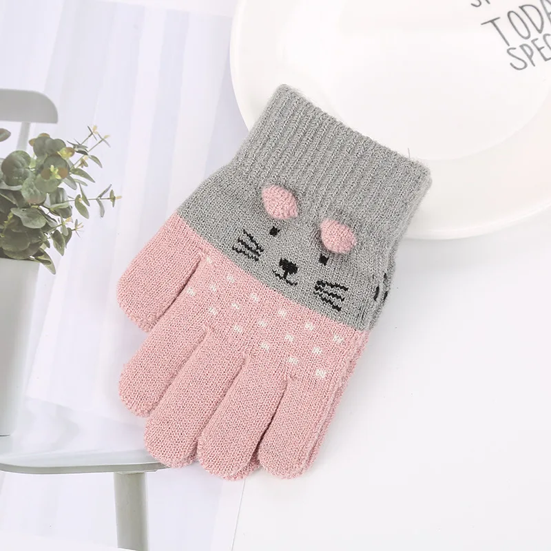 Girls Cute Cartoon Cat Gloves Winter Thick Knit Boys Kids Newborn Mittens Children Keep Finger Warm For Baby 3-7Years Old | Детская