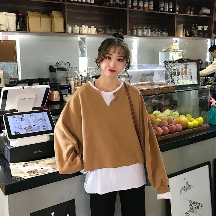 Harajuku корейские шикарные свитшоты в стиле пэчворк женские осенние уличные рукава летучая мышь поддельные два предмета толстовки студенческие свободные топы