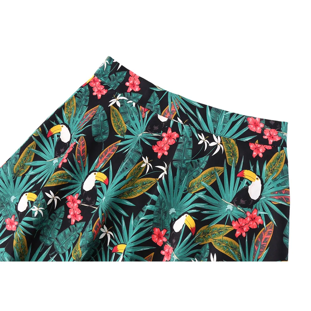 2021 Toucan Palm Flower Women Flare Vintage Retro Skirt Floral School jupe femme Skirts Womens Plus Size Black | Женская одежда