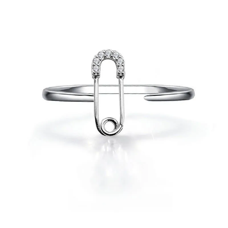 

2021 New European Ins Style Creativity Pin Shape Open Ring with Pave CZ Top Women Engagement Party Jewelry Fashion Trend