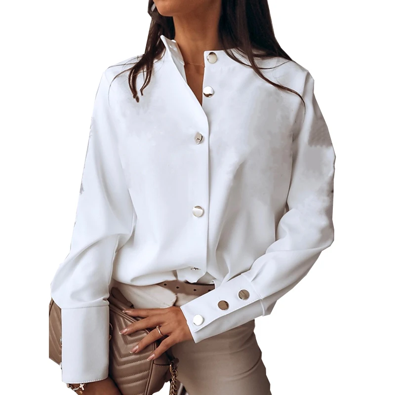 

Женские рубашки Топы Блузки с длинным рукавом модная однотонная блузка с воротником-стойкой однотонный Белый Черный Свободный кардиган То...