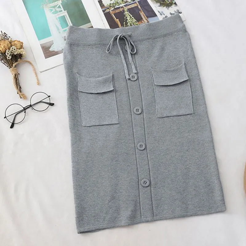 

New Autumn Women Cotton Solid Color Elastic Waist Strap Pocket Skirt Women's Single-breasted Straight Bag Hip Skirt