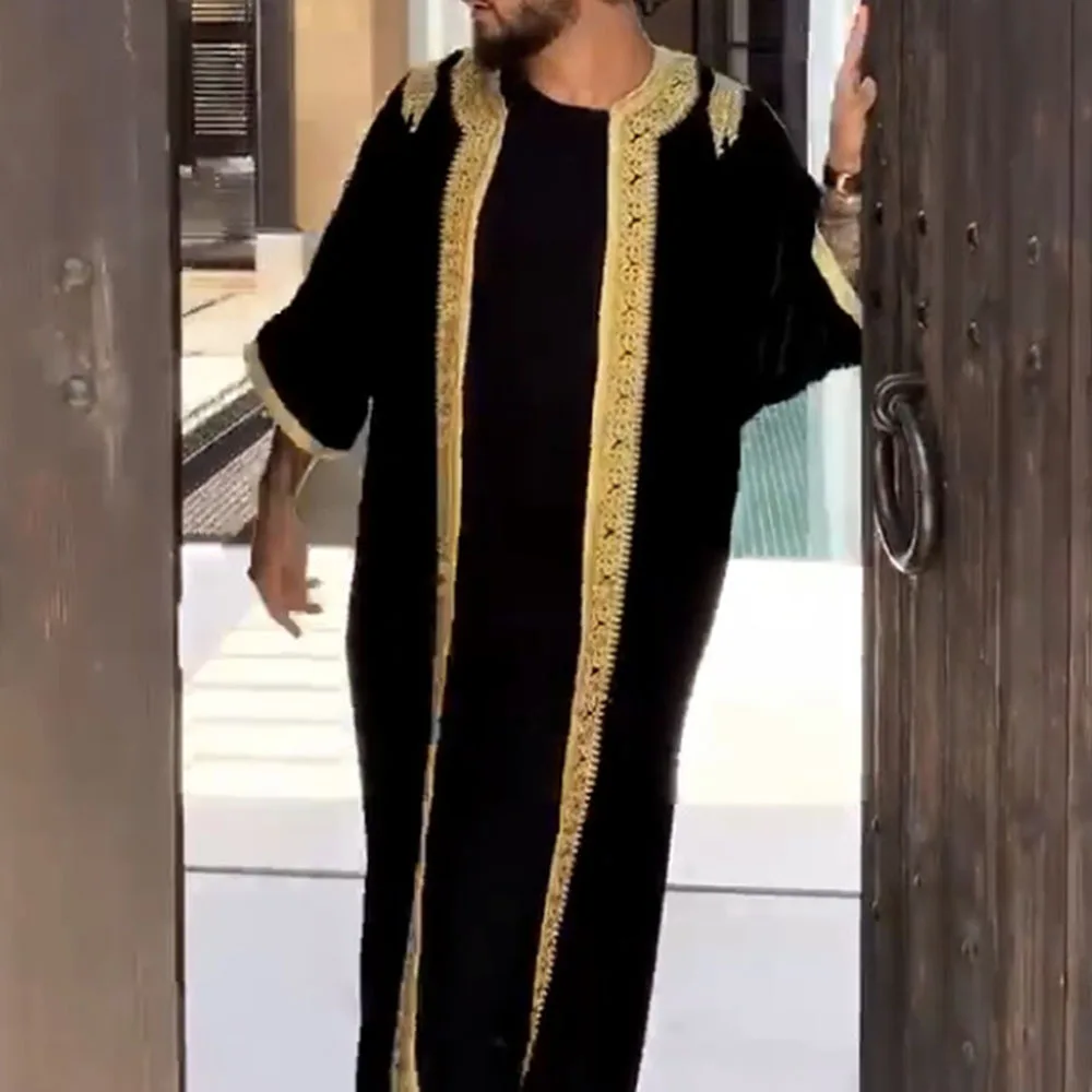 

Мусульманская одежда Jubba Thobe для мужчин, мусульманская вышивка в этническом африканском стиле, длинное кимоно в стиле Саудовской Аравии, Рам...