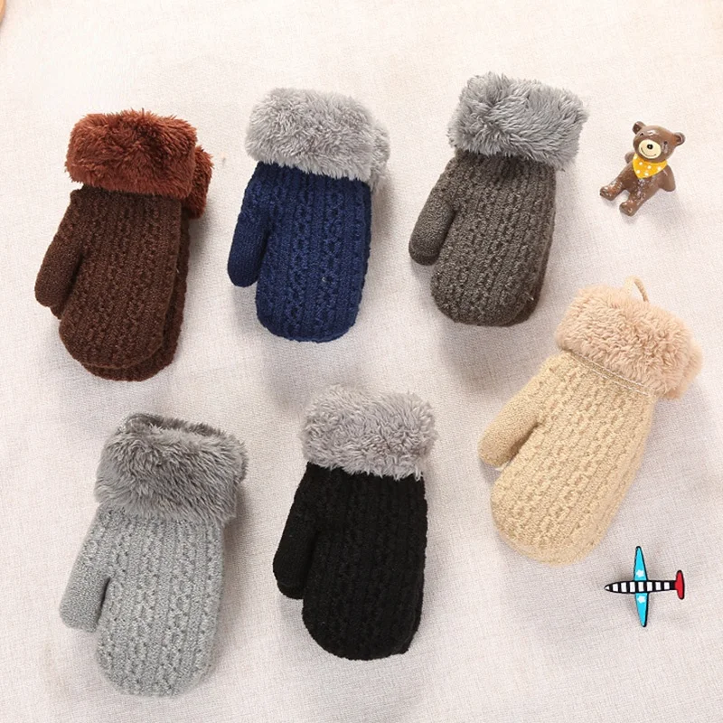 

Winter Children's Gloves Double-layer Knitted Wool Plus Velvet Thick Mittens Hanging Neck Anti-falling Outdoor Warm Baby Gloves