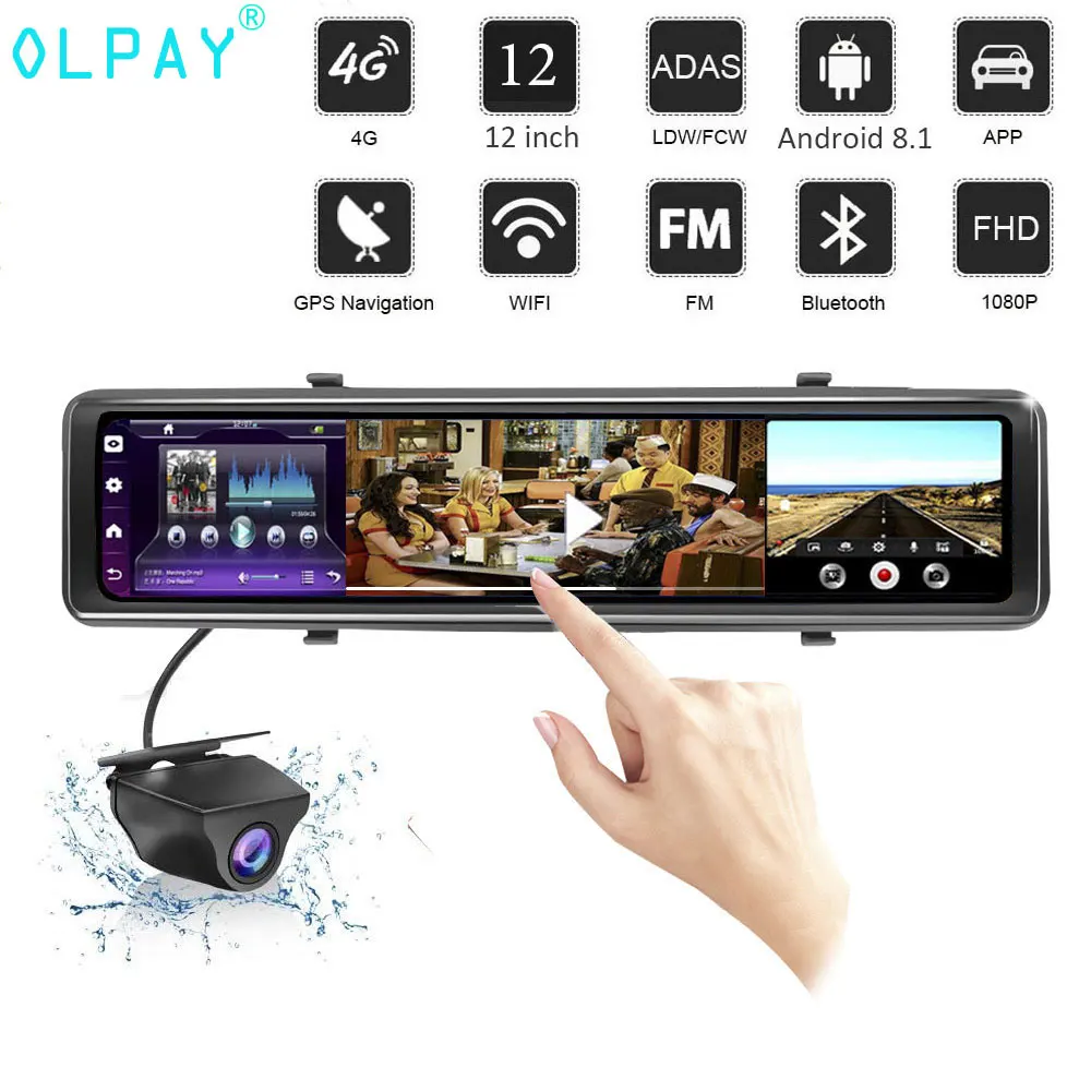 

OLPAY 12 inch 4G WiFi GPS Car DVR Android 8.1 ADAS Rear View Mirror Camera FHD 1080P Dash Cam Registrar Video Recorder 2G+32G