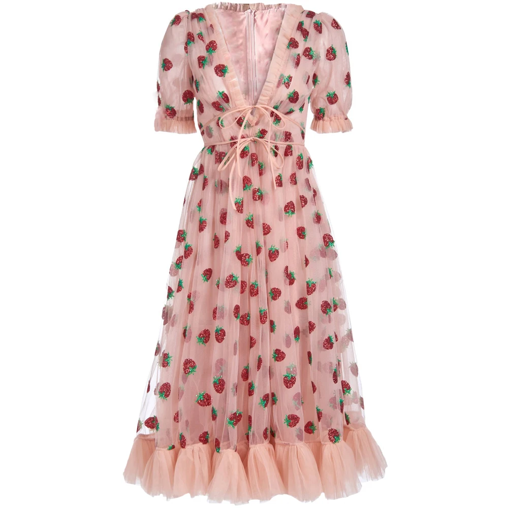 Женское платье с коротким рукавом красное Сетчатое миди v образным вырезом весна