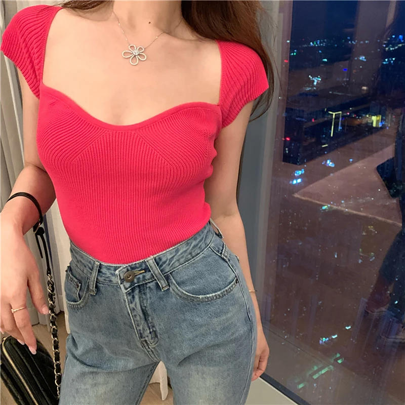 

Korean Sexy t shirt women 2020 Summer New Fashion U Neck tshirt Women Knitted Tops Slim Short T Shirt Tops vintage clothes
