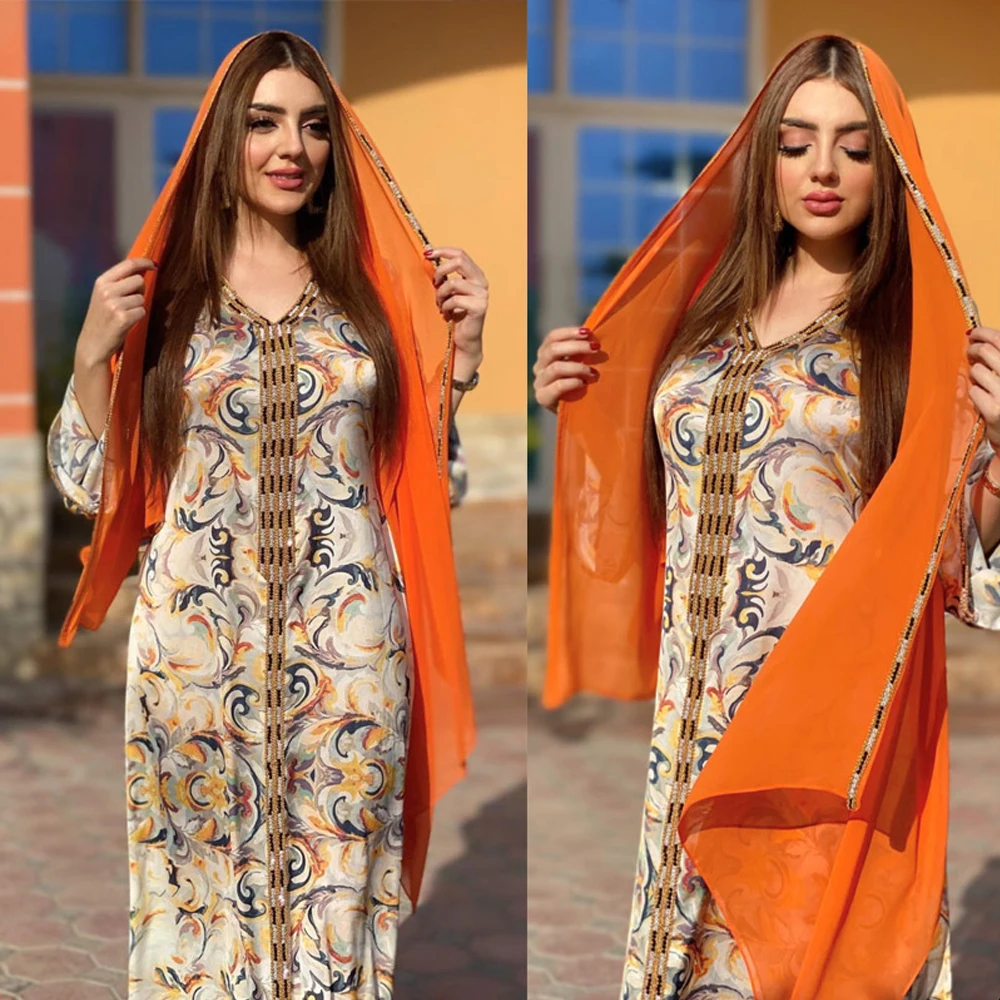

MD Hijab Dress Turkey Arabic Dubai Muslim Abaya Kaftan Moroccan Flowers Print Boho Long Dresses Djellaba Femme Robe Indienne
