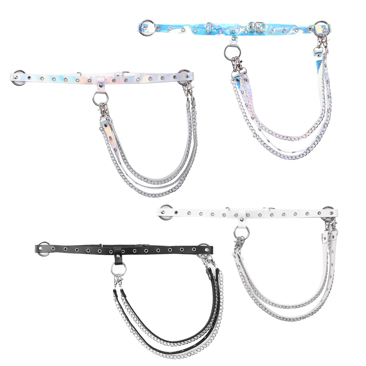 

Women's Shiny Holographic Color Punk Gothic Rave Accessories Adjustable Faux Leather Body Sexy Waist Chain Tassel Harness Belts